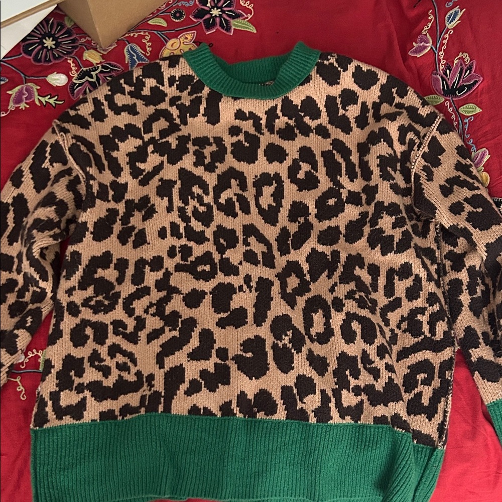 Aerie Leopard Print Sweater with Green Trim